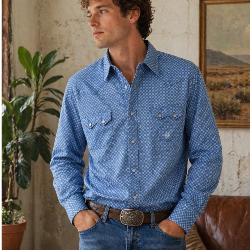 Roper Western Shirt Pearl Snap Geometric Blue Size M 350-225-465BU
